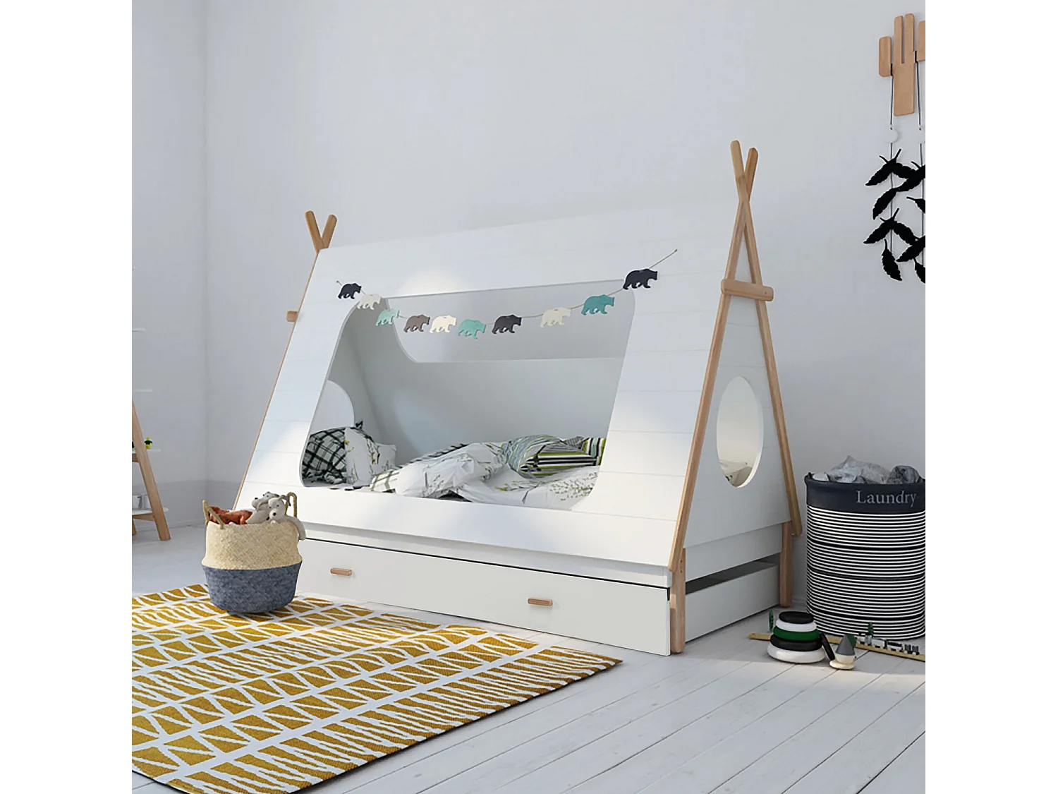 Lit enfant 90x200 cm blanc tipi maison lit en bois