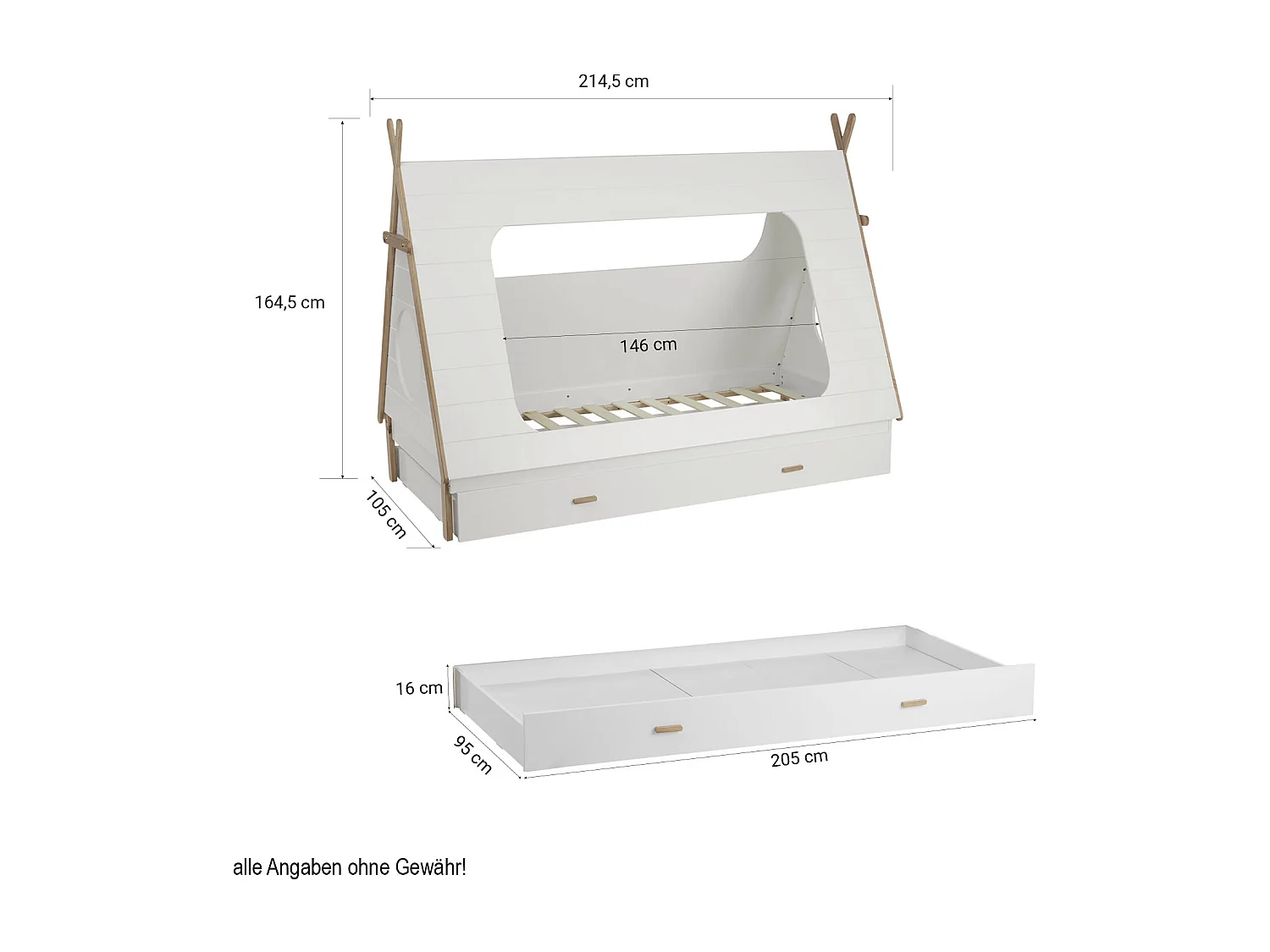 Lit enfant 90x200 cm blanc tipi maison lit en bois