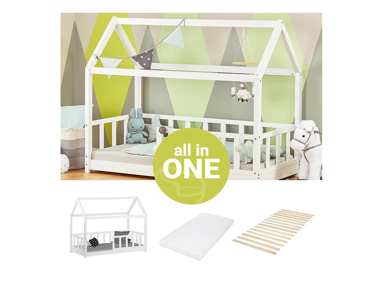 Kinderbett 80x160 cm weiß Hausbett mit Schutzgittern