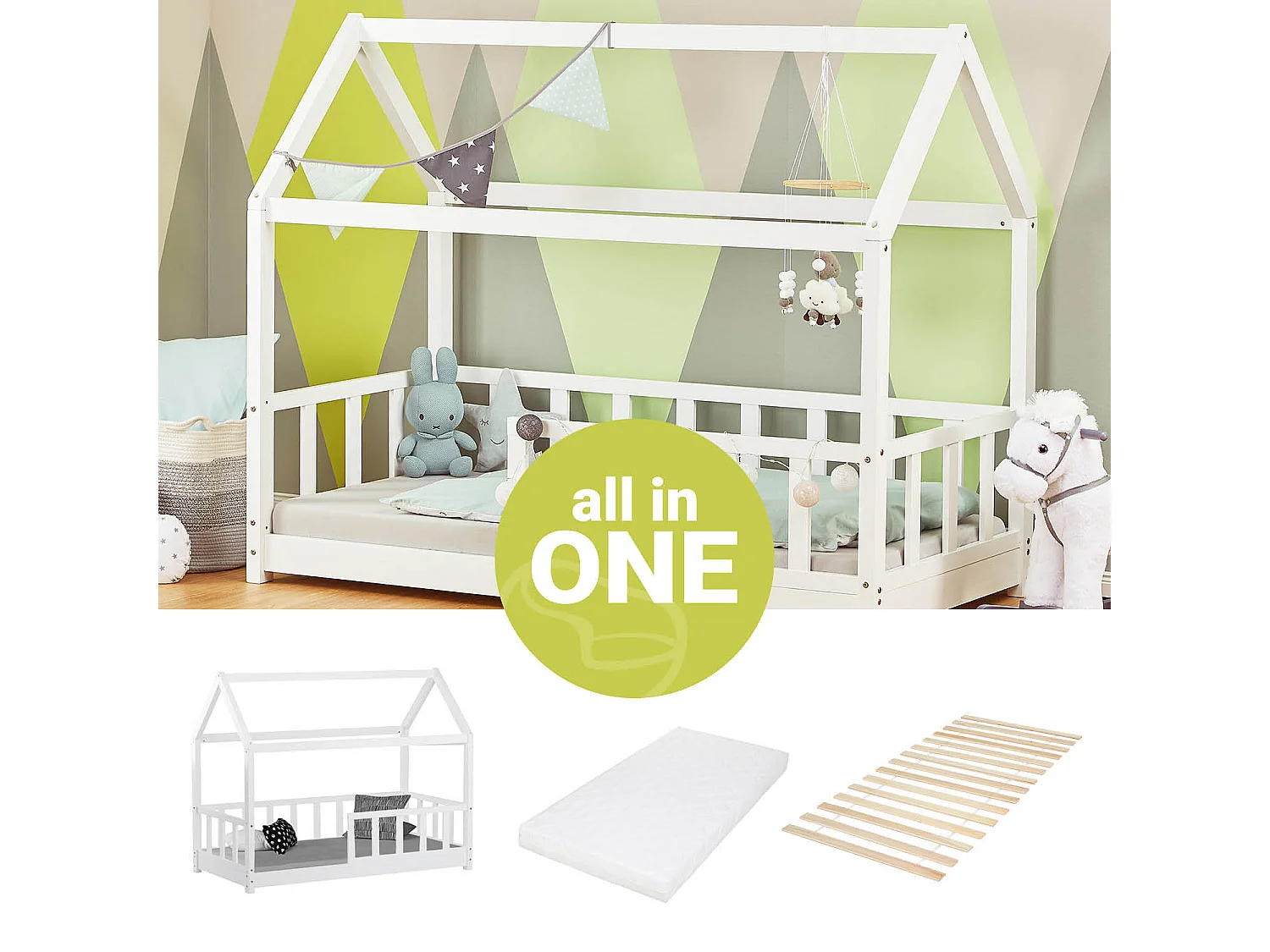 Lit d'enfant 80x160 cm Maison Blanche avec Barrières