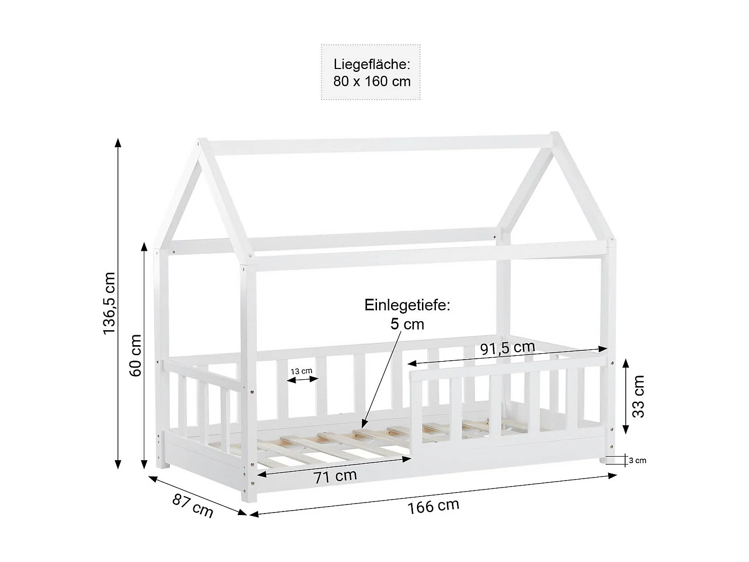 Lit d'enfant 80x160 cm Maison Blanche avec Barrières