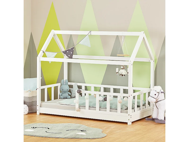 Kinderbett 80x160 cm weiß Hausbett mit Schutzgittern