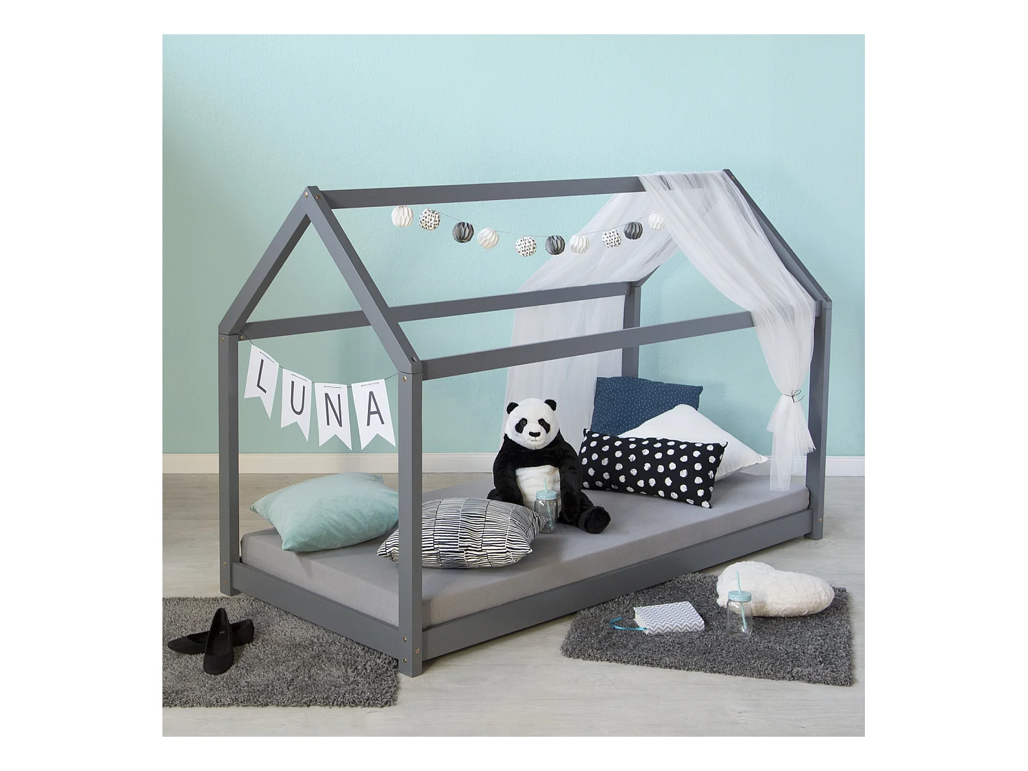 Lit enfant 90x200 cm gris lit de jeu lit maison lit en bois