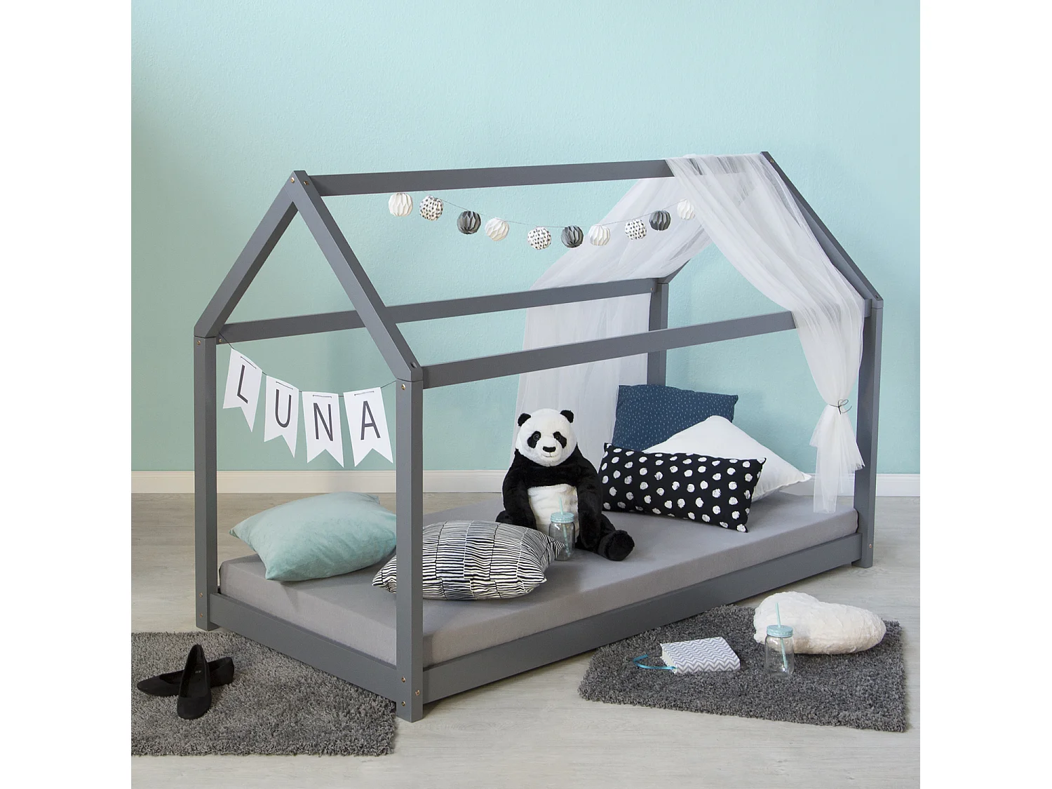 Kinderbett 90x200 cm grau Spielbett Hausbett Holzbett