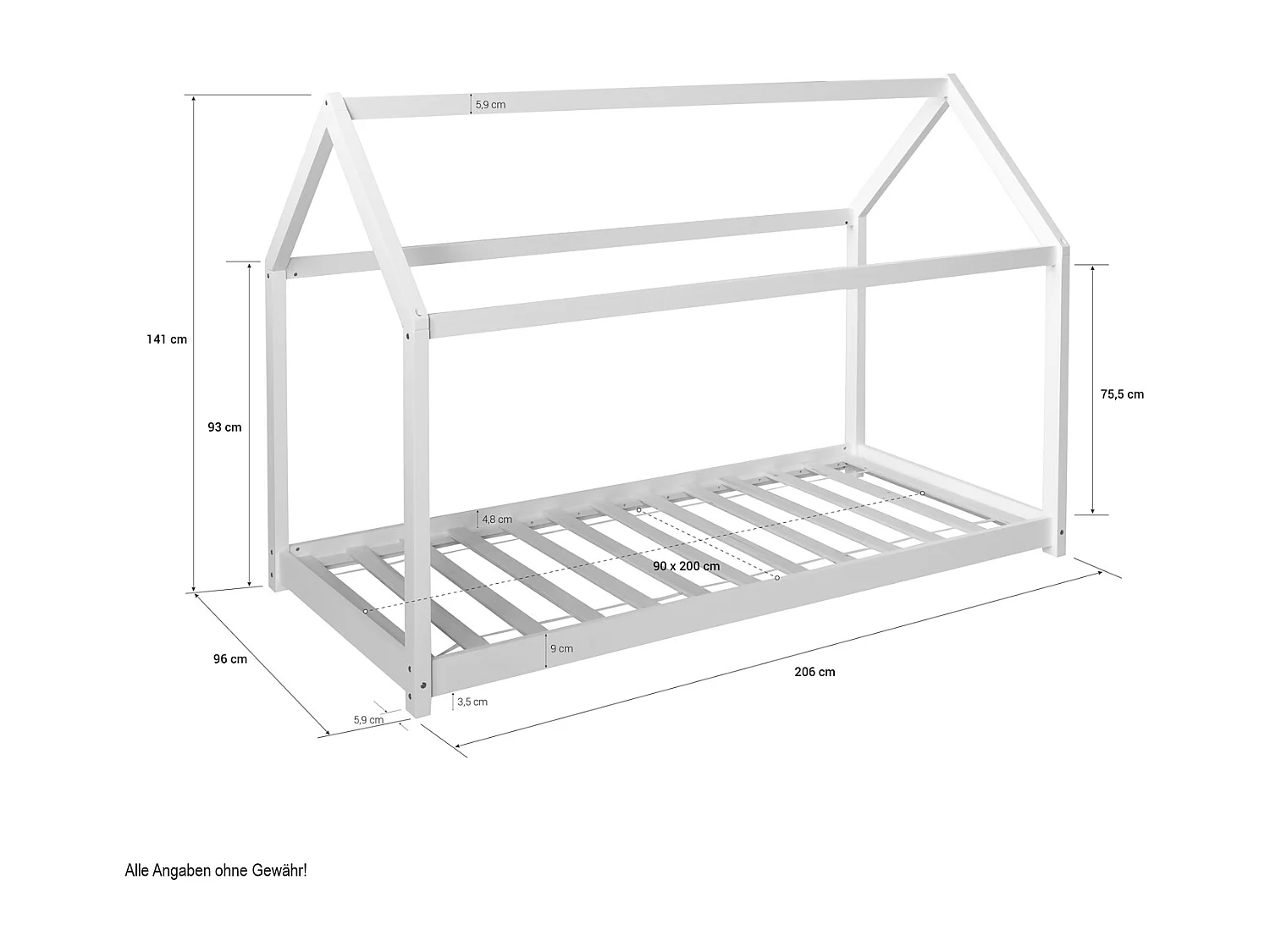 Kinderbett 90x200 cm grau Spielbett Hausbett Holzbett