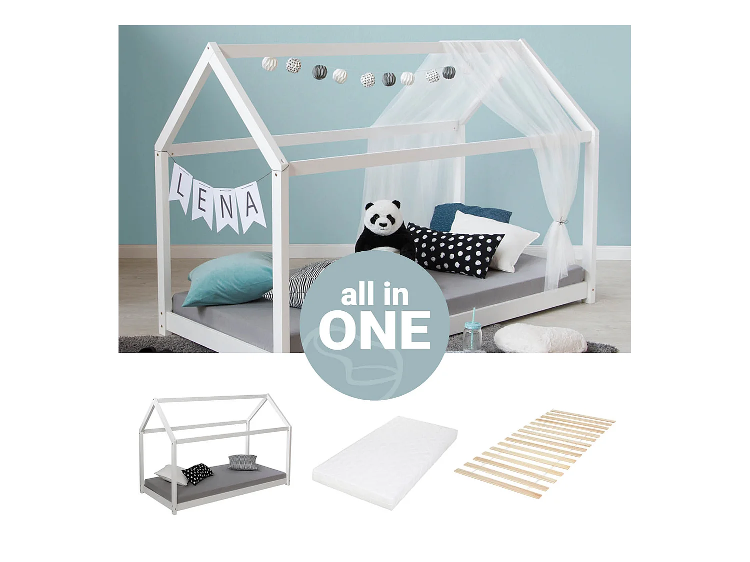 Kinderbett 80x160x12 cm weißes Hausbett mit Matratze