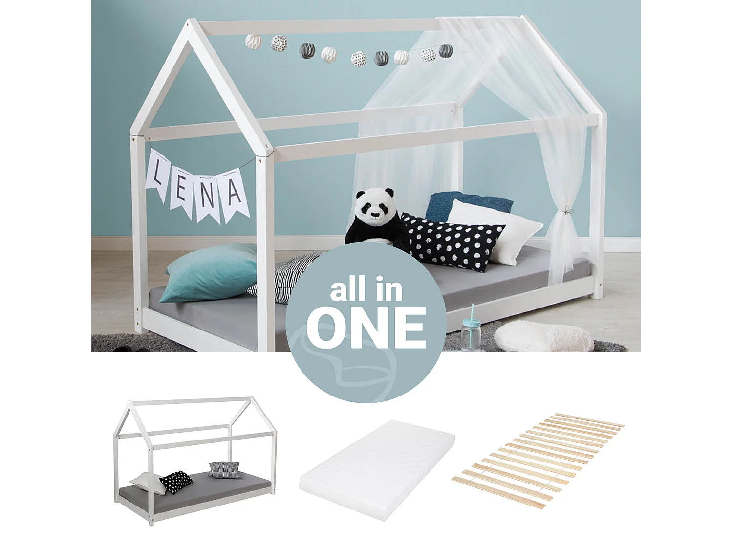 Kinderbett 80x160x12 cm weißes Hausbett mit Matratze