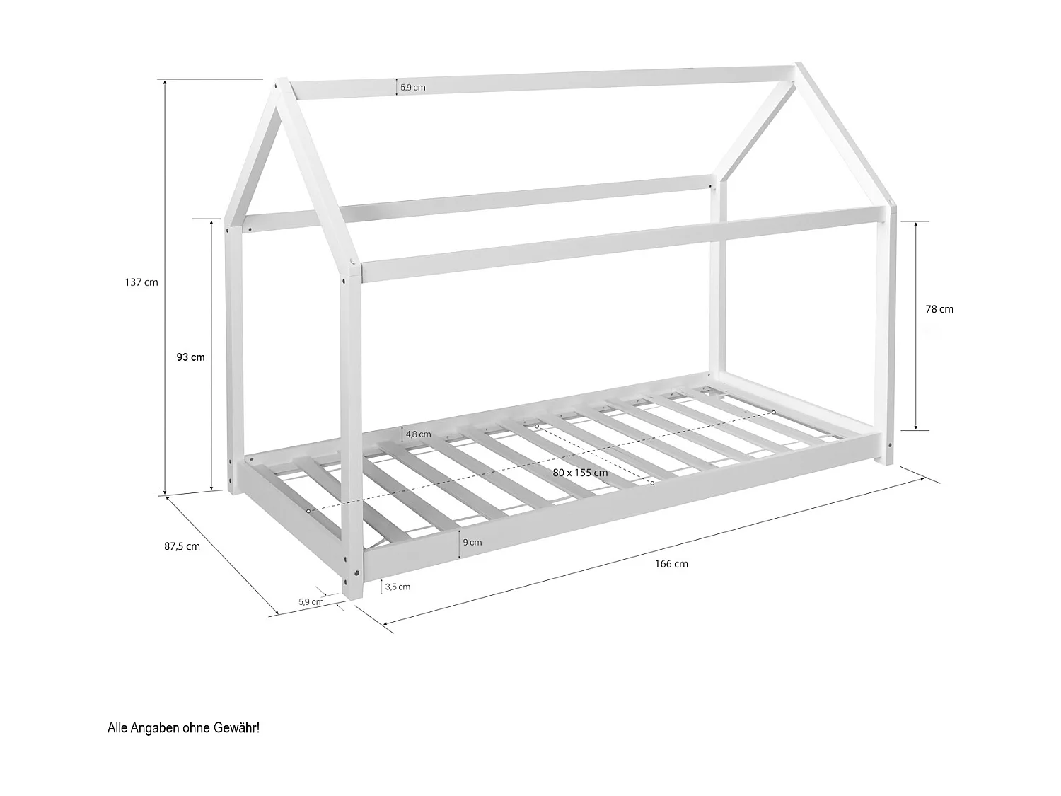 Kinderbett 80x160x12 cm weißes Hausbett mit Matratze