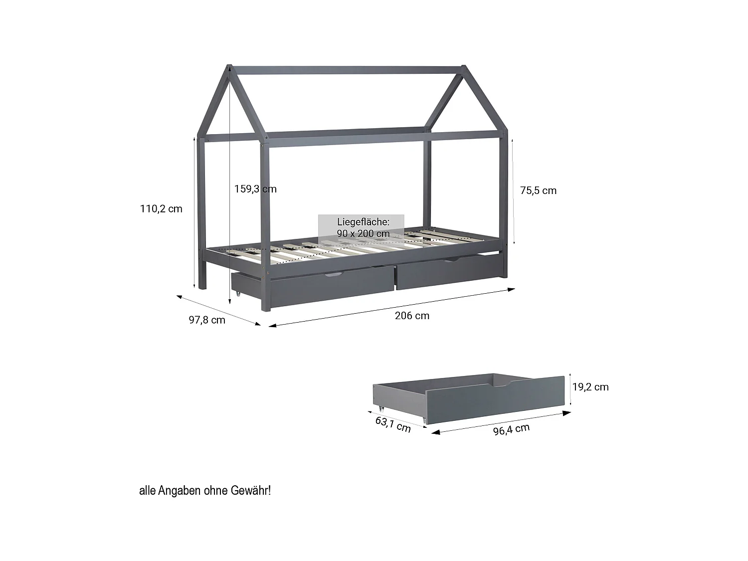 Bedframe 90x200 cm grijs