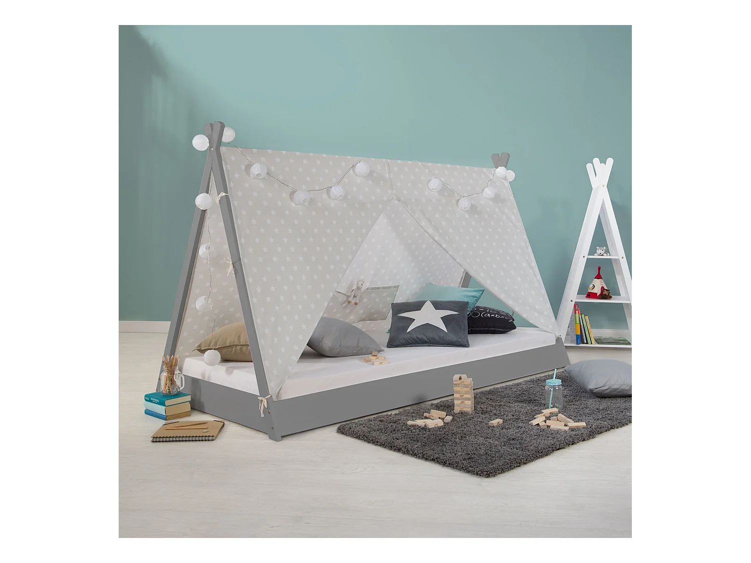 Lit enfant 90x200 cm toile grise étoiles