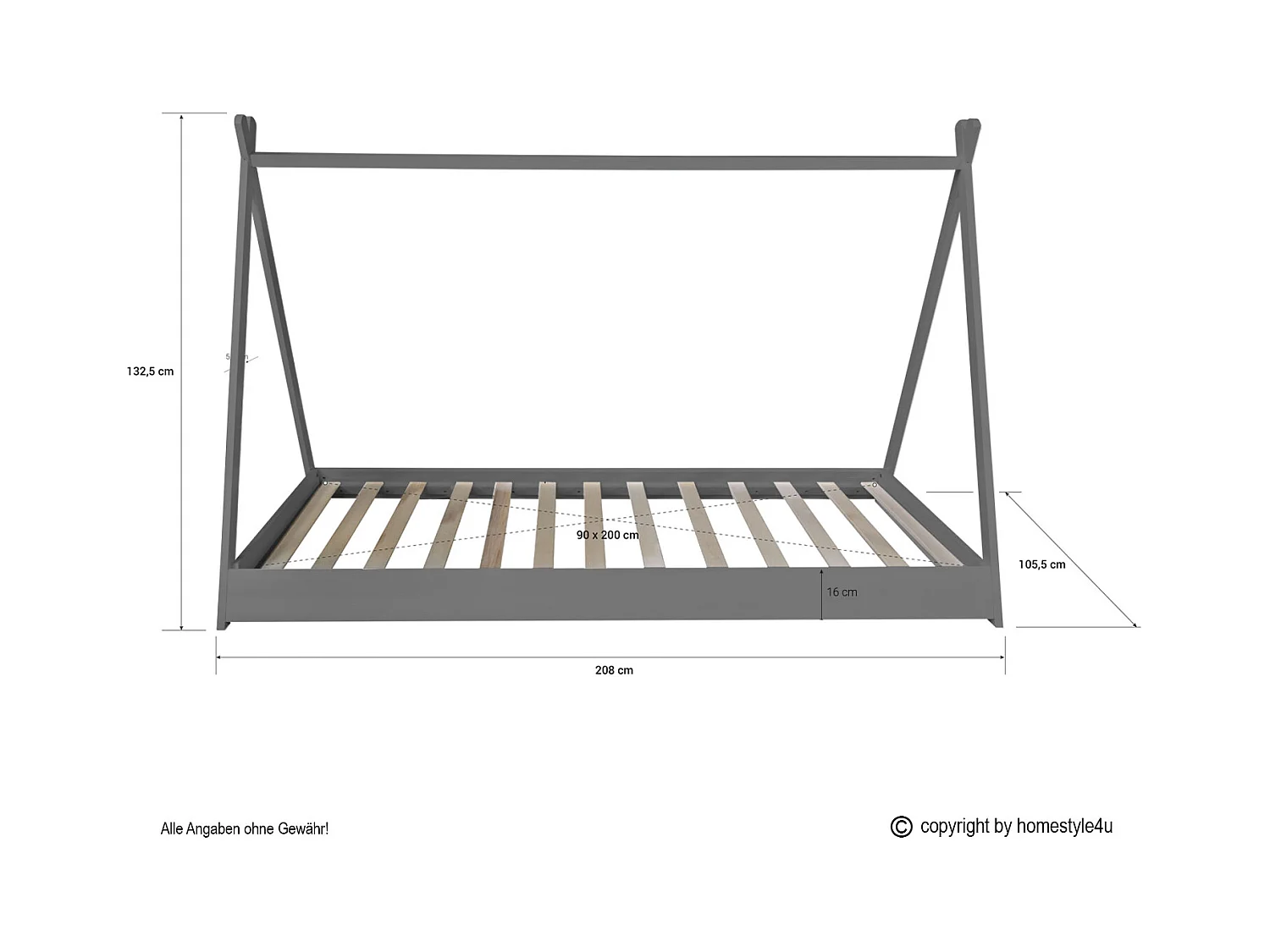 Kinderbett 90x200 cm Grau