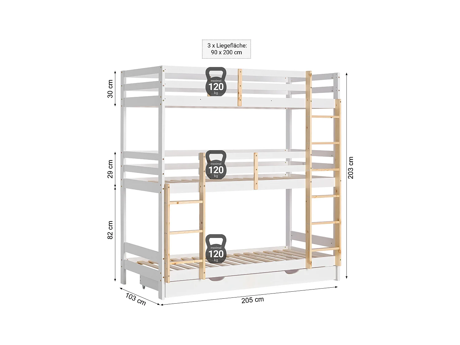 Etagenbett 90x200 cm weiß Kinderbett