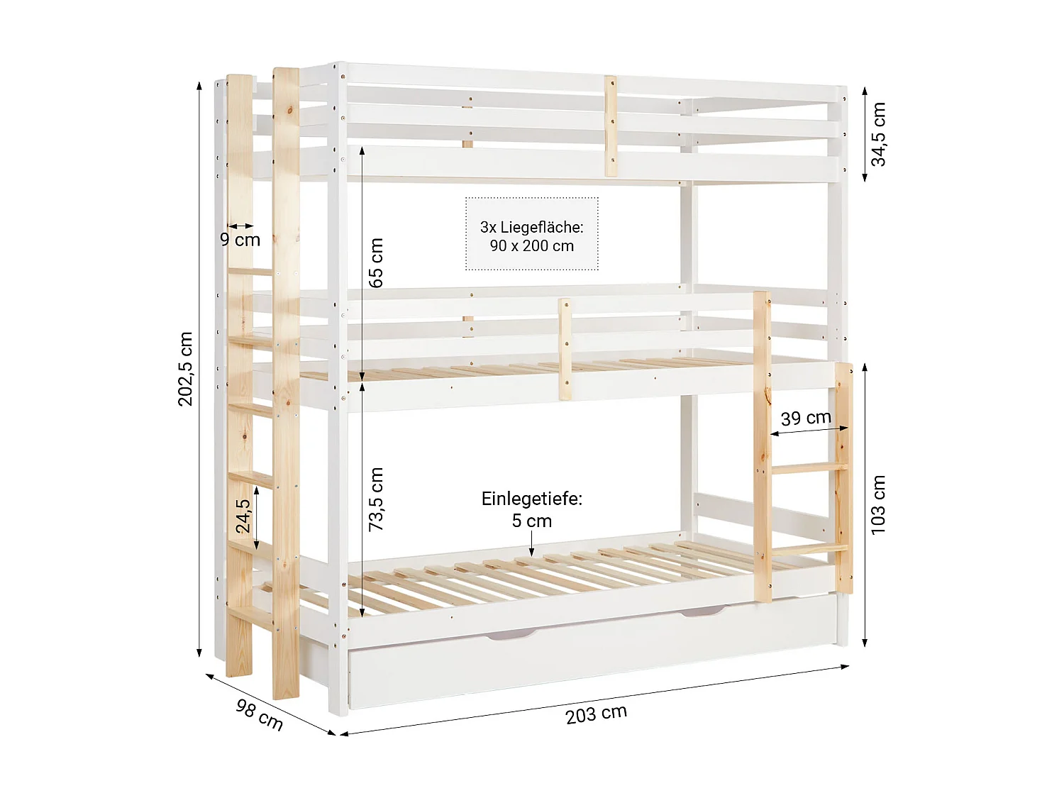 Łóżko piętrowe 90x200 cm białe Łóżko dziecięce