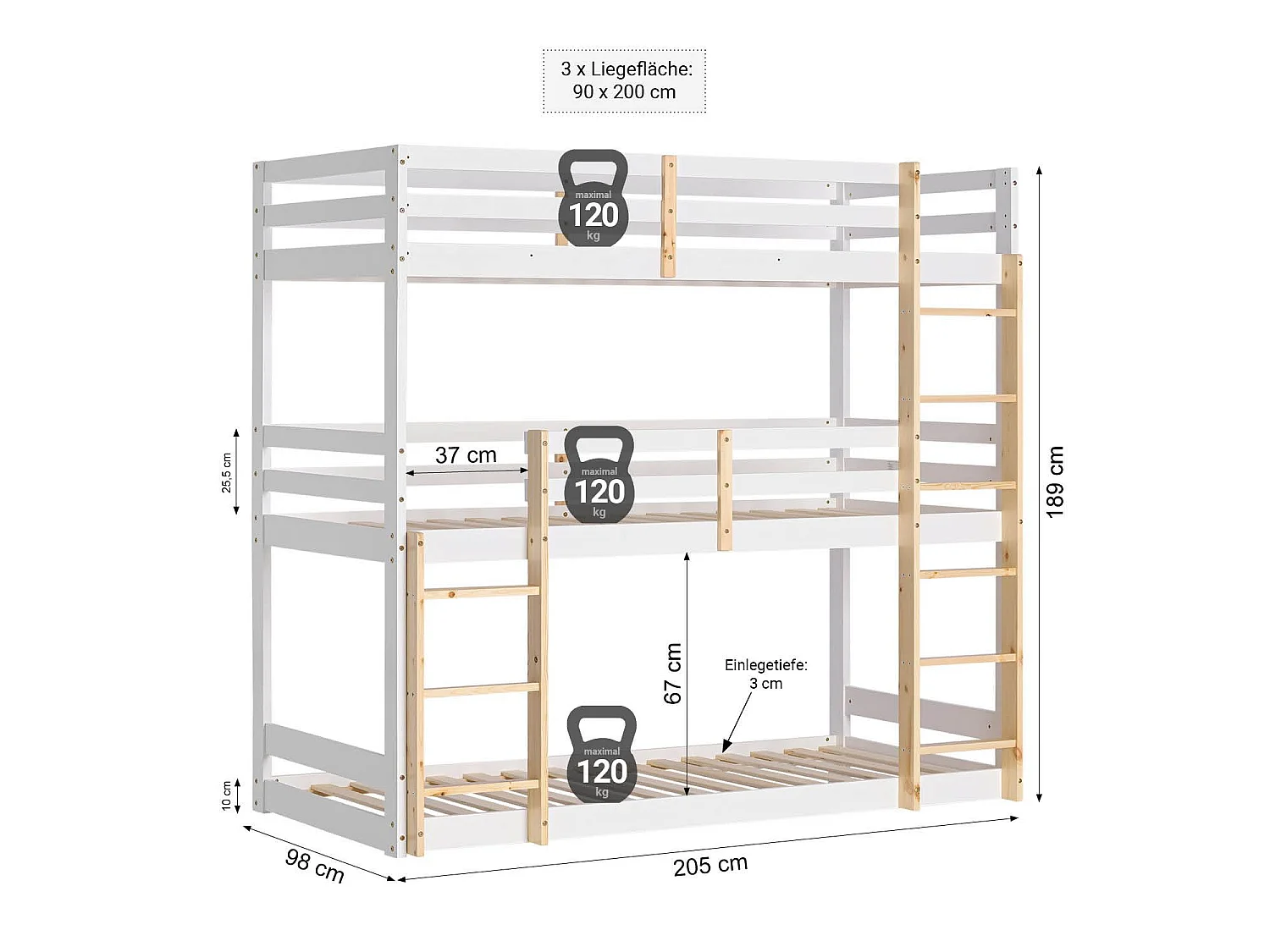Lit superposé 90x200 cm blanc Lit enfant