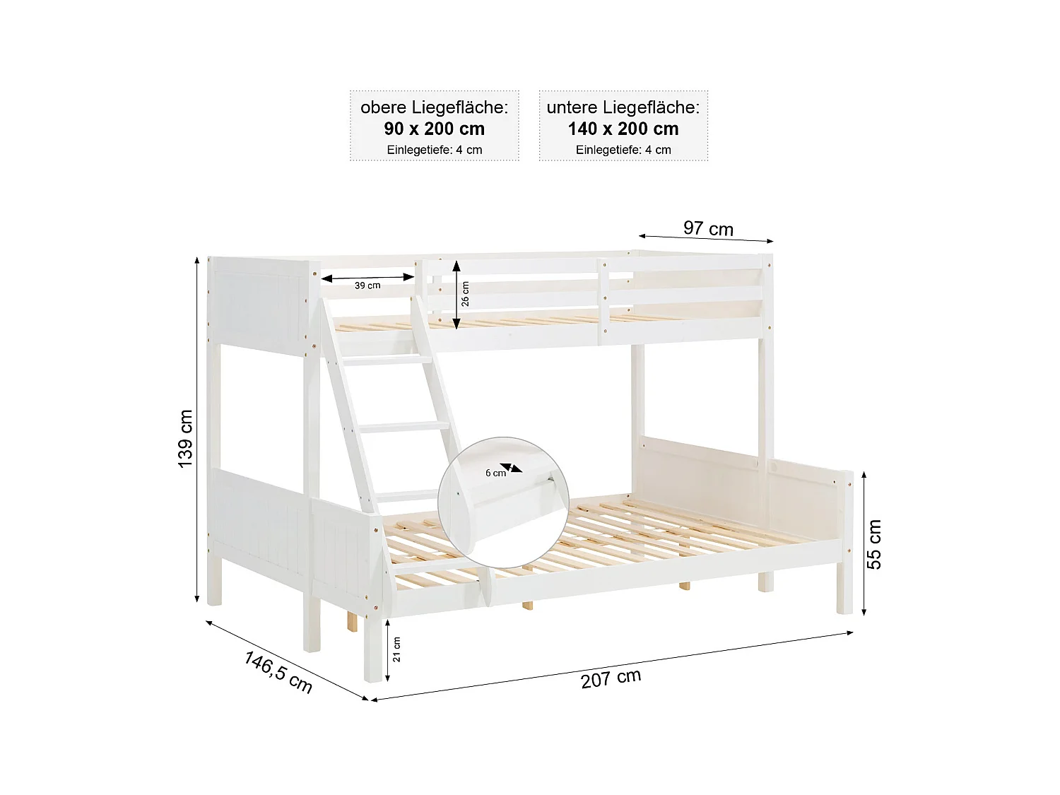 Kinderbed 90x200x140x200 cm wit