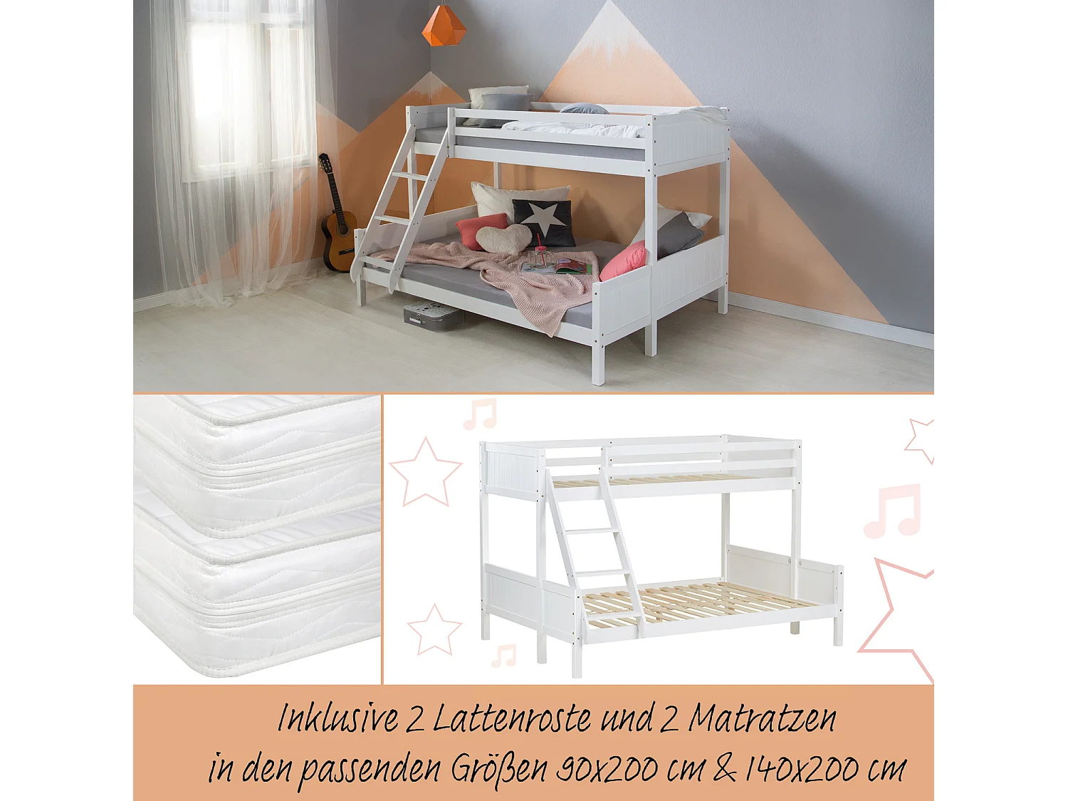 Lit enfant 90x200x140x200 cm blanc