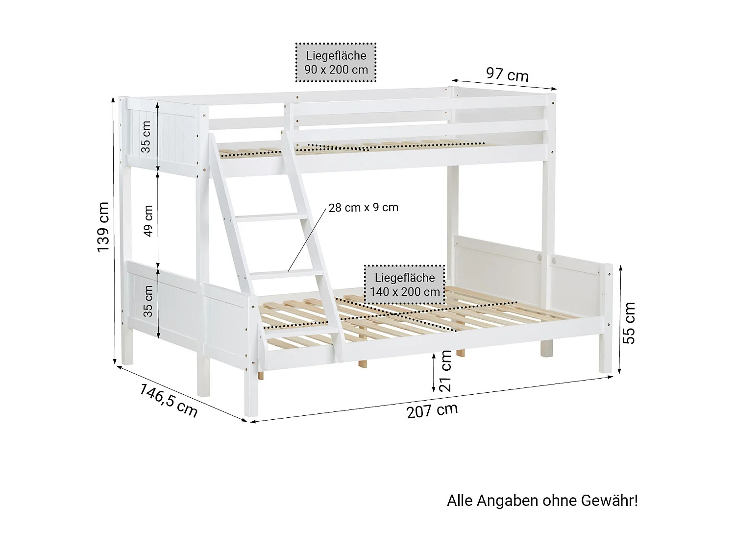 Lit enfant 90x200x140x200 cm blanc