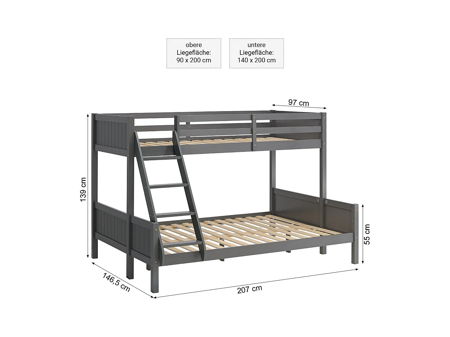 Etagenbett 90x200x140x200 cm grau