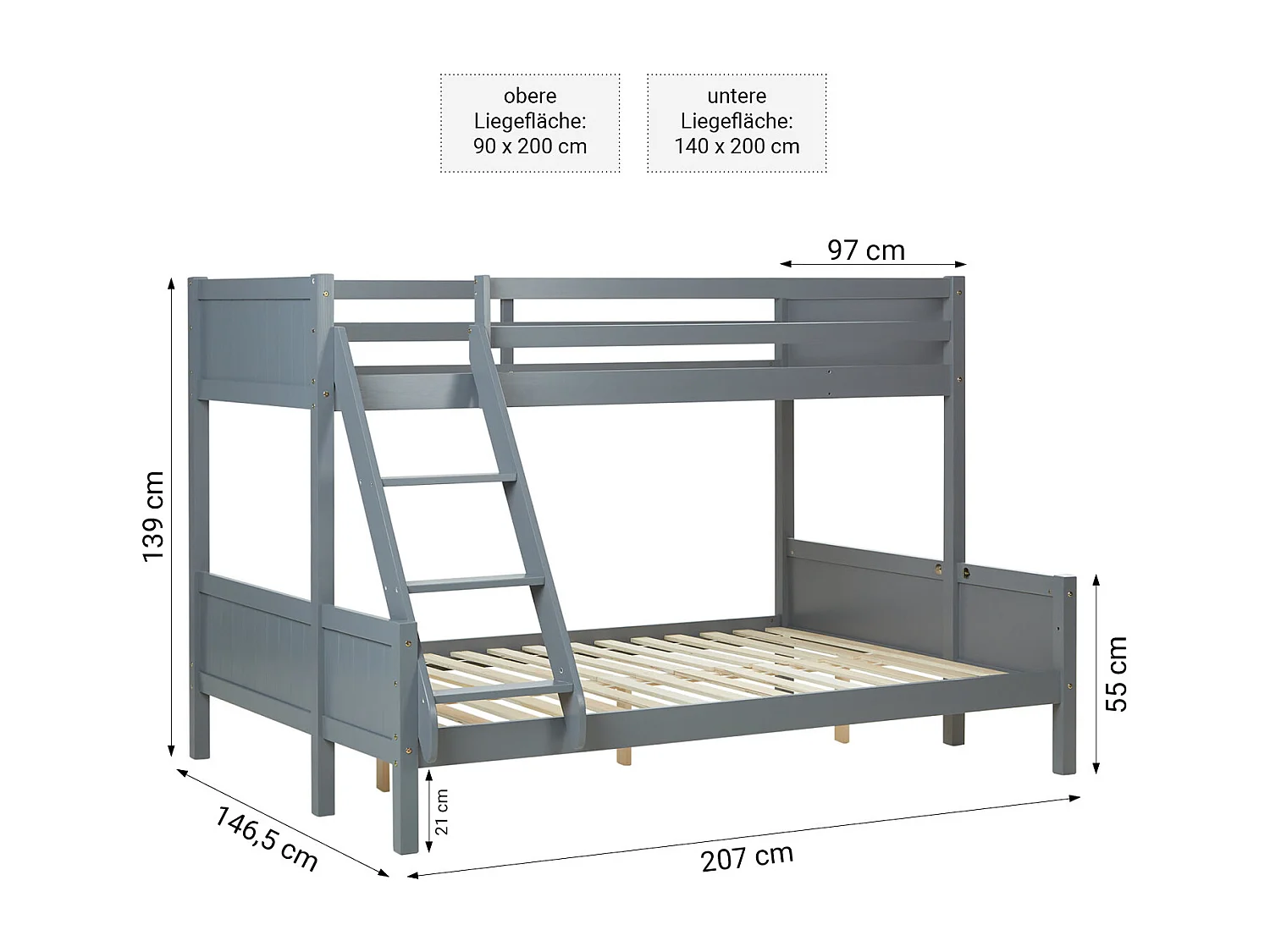 Lit superposé 90x200x140x200 cm gris