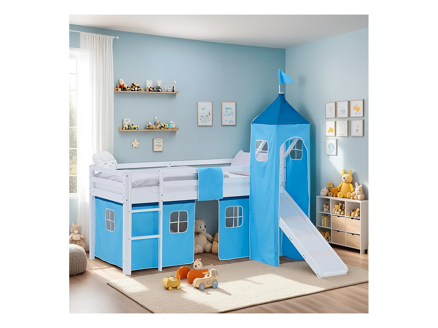 Lit mezzanine pour enfants 90x200 cm blanc bleu avec rideau