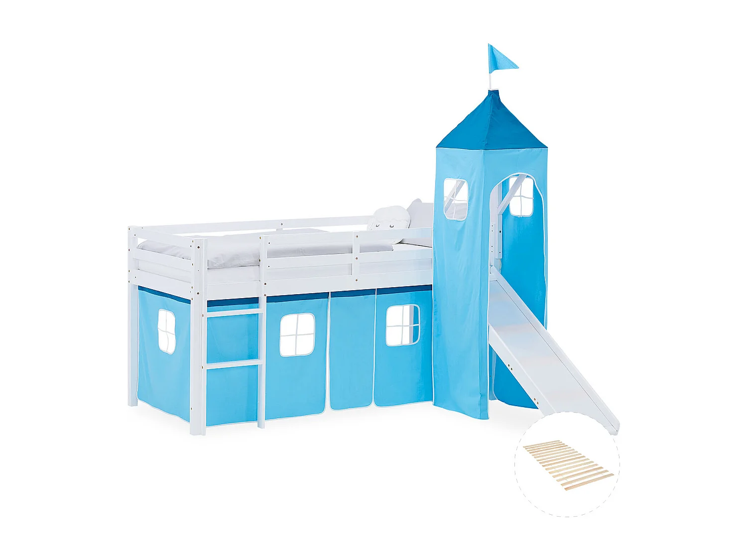 Hochbett für Kinder 90x200 cm Weiß Blau mit Vorhang