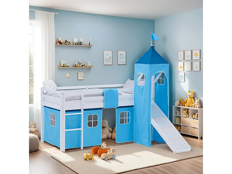 Cama alta para niños 90x200 cm Blanco Azul con cortina