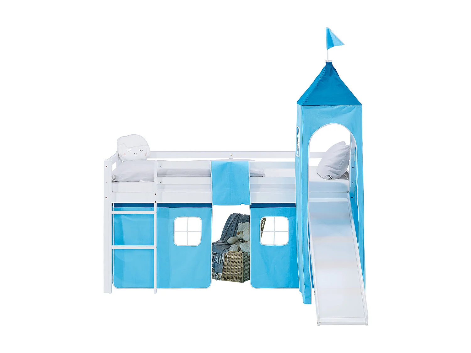 Hochbett für Kinder 90x200 cm Weiß Blau