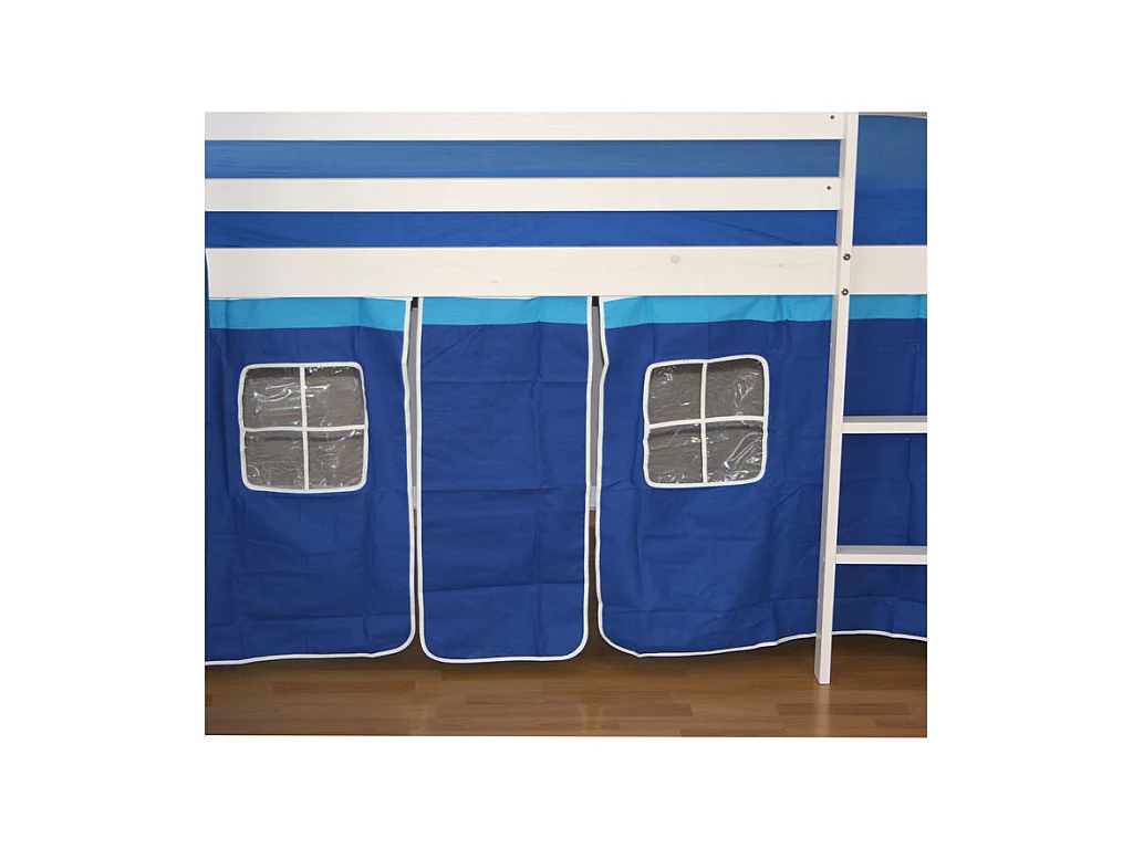 Kinder-Etagenbett 208x110x97 cm weiß, blaue Vorhänge, Hochbett, Kabinenbett
