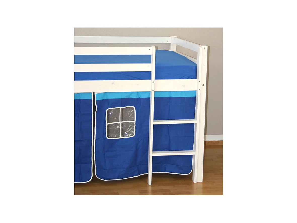 Kinder-Etagenbett 208x110x97 cm weiß, blaue Vorhänge, Hochbett, Kabinenbett