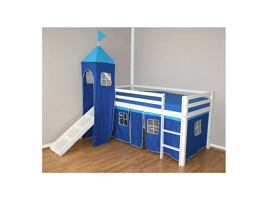 Kinder-Etagenbett 208x110x97 cm weiß, blaue Vorhänge, Hochbett, Kabinenbett