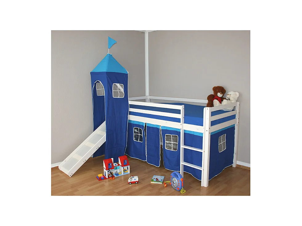 Lit superposé enfant 208x110x97 cm blanc avec rideau bleu, lit mezzanine cabine