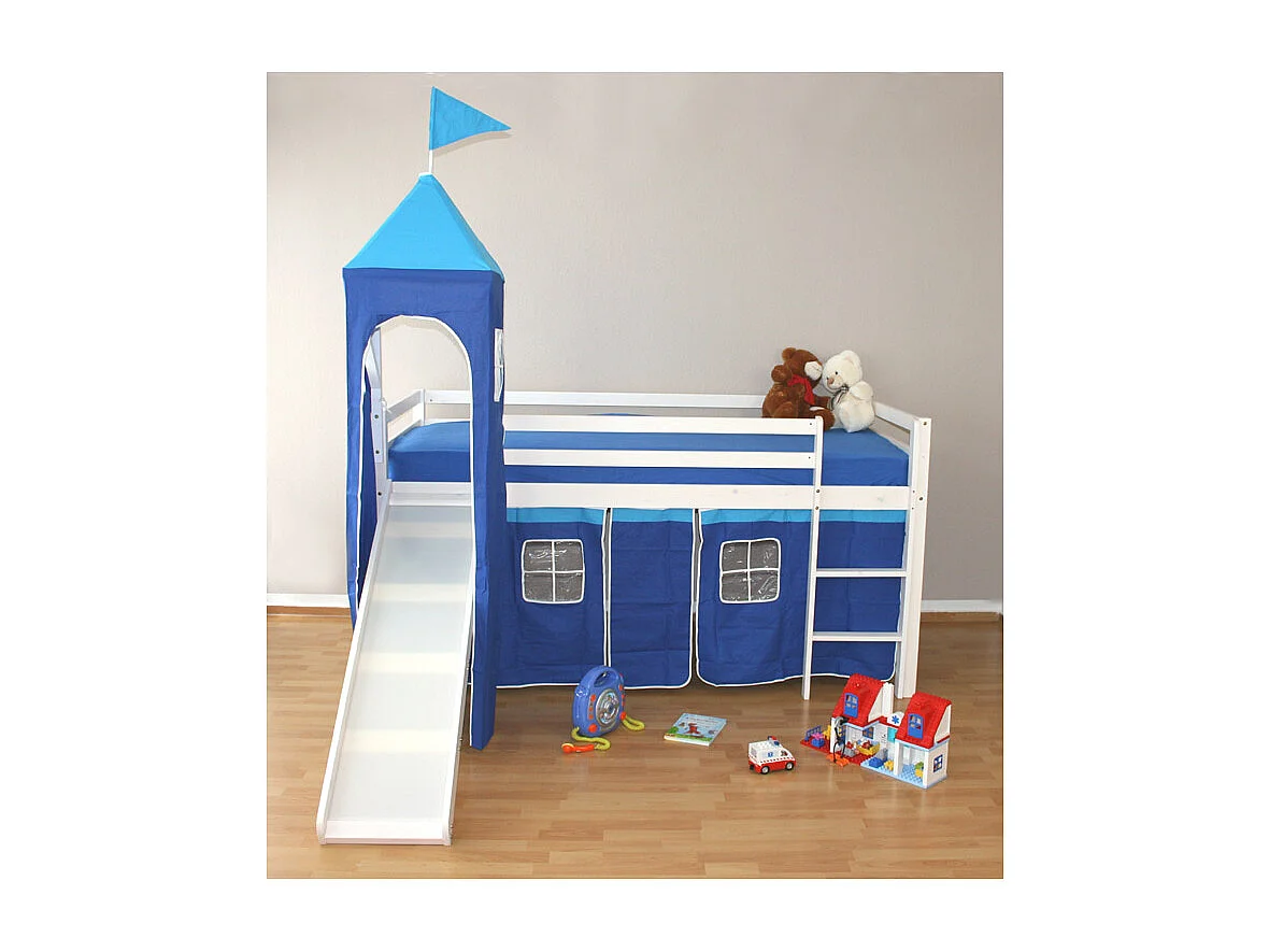 Kinder-Etagenbett 208x110x97 cm weiß, blaue Vorhänge, Hochbett, Kabinenbett