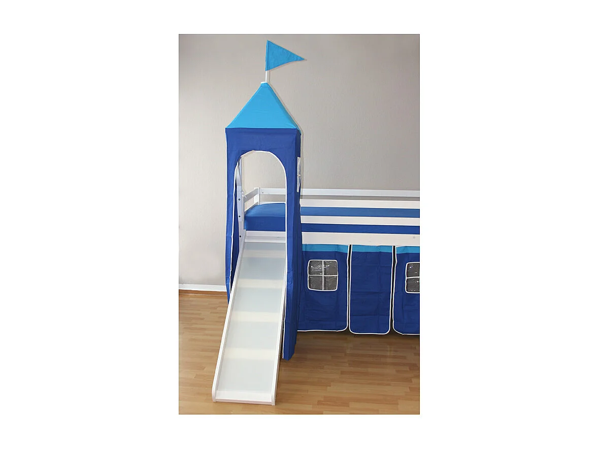Kinder-Etagenbett 208x110x97 cm weiß, blaue Vorhänge, Hochbett, Kabinenbett