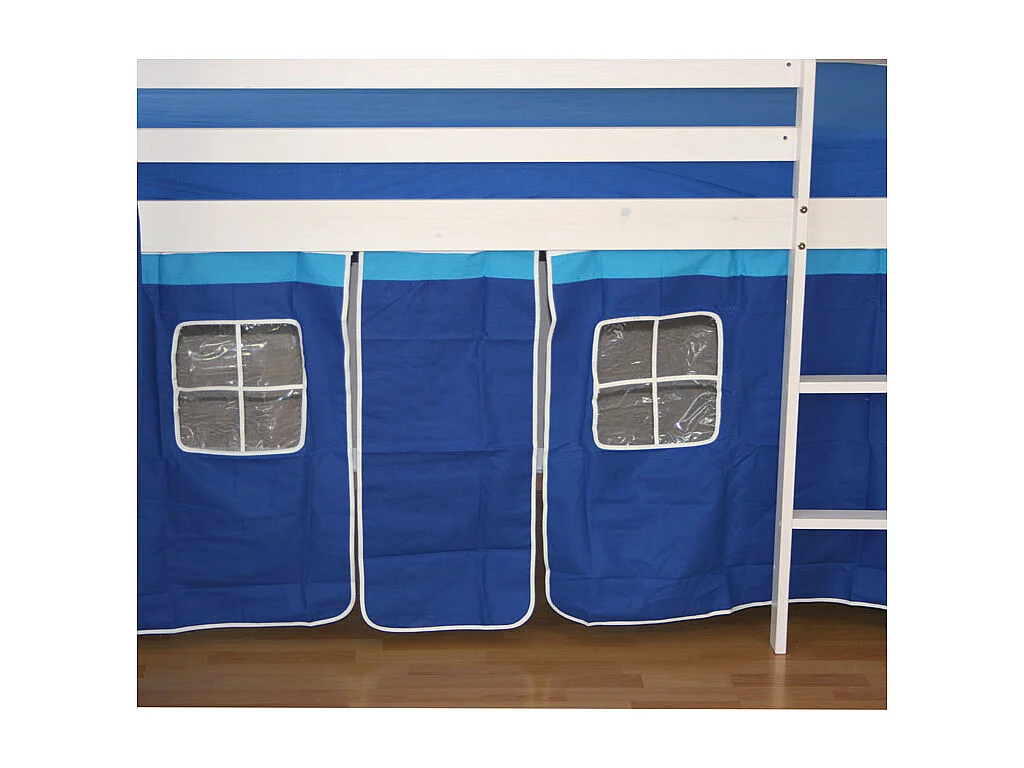 Kinder-Etagenbett 208x110x97 cm weiß, blaue Vorhänge, Hochbett, Kabinenbett