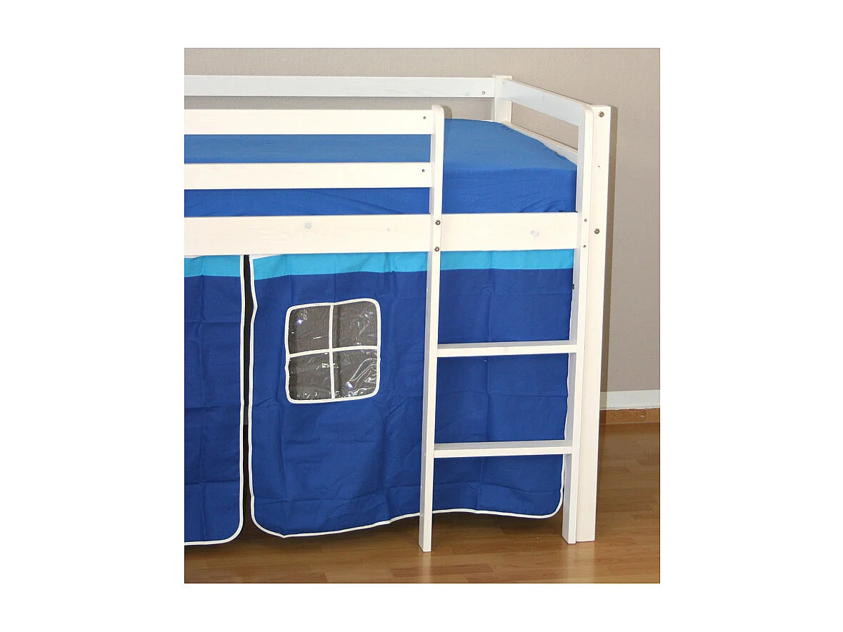 Kinder-Etagenbett 208x110x97 cm weiß, blaue Vorhänge, Hochbett, Kabinenbett