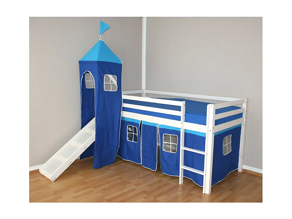 Kinder-Etagenbett 208x110x97 cm weiß, blaue Vorhänge, Hochbett, Kabinenbett