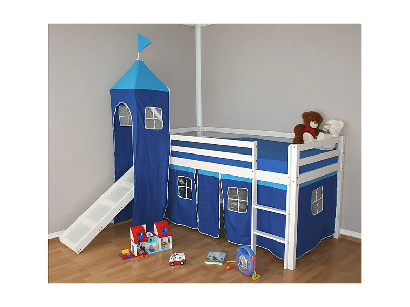 Lit superposé enfant 208x110x97 cm blanc avec rideau bleu, lit mezzanine cabine
