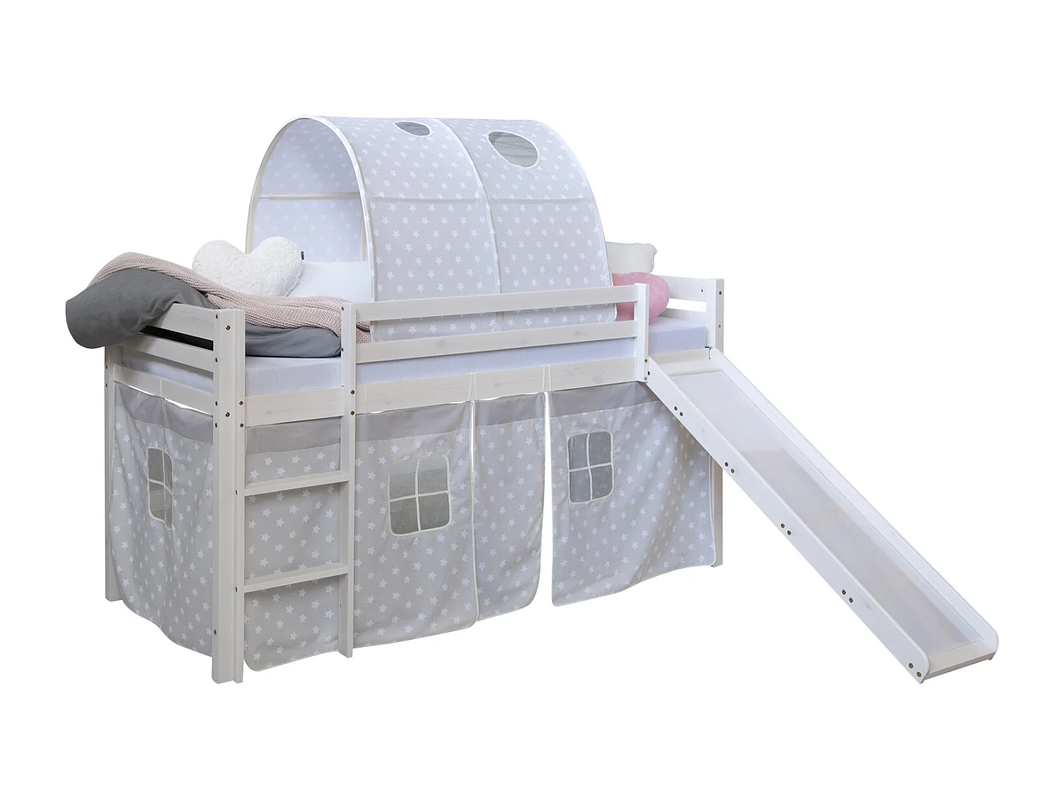 Lit pour enfants 90x200 cm blanc Tunnel toboggan Pin massif Rideau