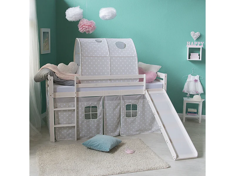 Cama infantil 90x200 cm blanca tobogán túnel pino macizo cortina