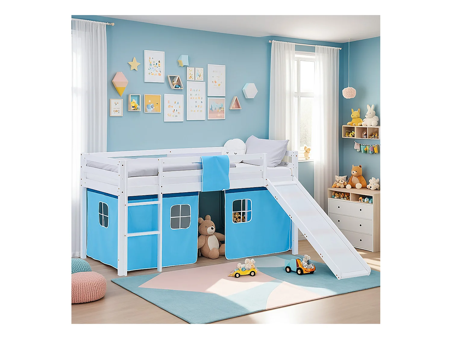 Lit mezzanine pour enfants 90x200 cm blanc Rideau Bleu