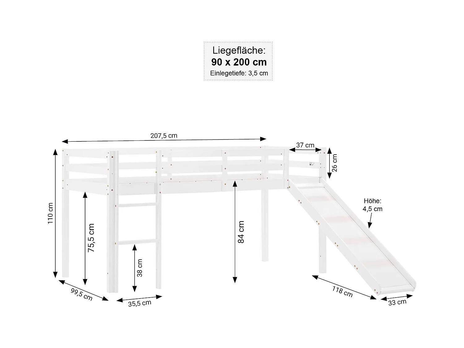 Lit mezzanine pour enfants 90x200 cm blanc Rideau Bleu