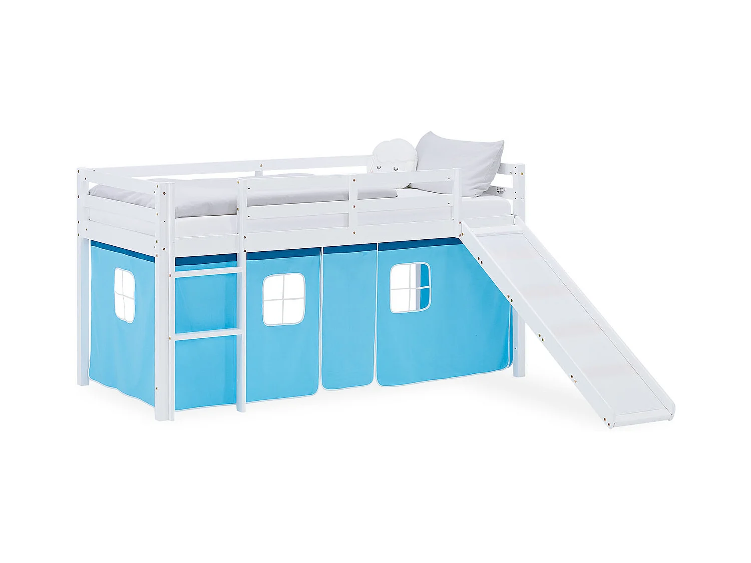 Hochbett für Kinder 90x200 cm weiß mit blauem Vorhang