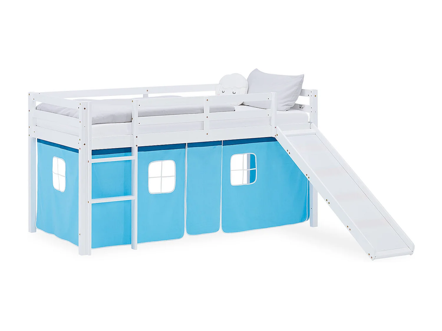 Hochbett für Kinder 90x200 cm weiß mit blauem Vorhang