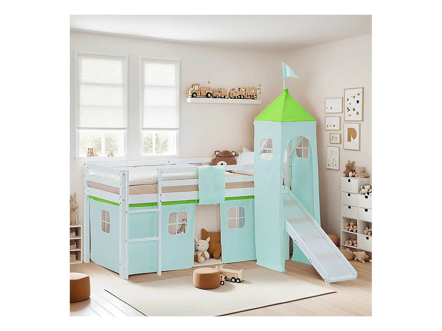 Lit mezzanine pour enfants 90x200 cm blanc vert
