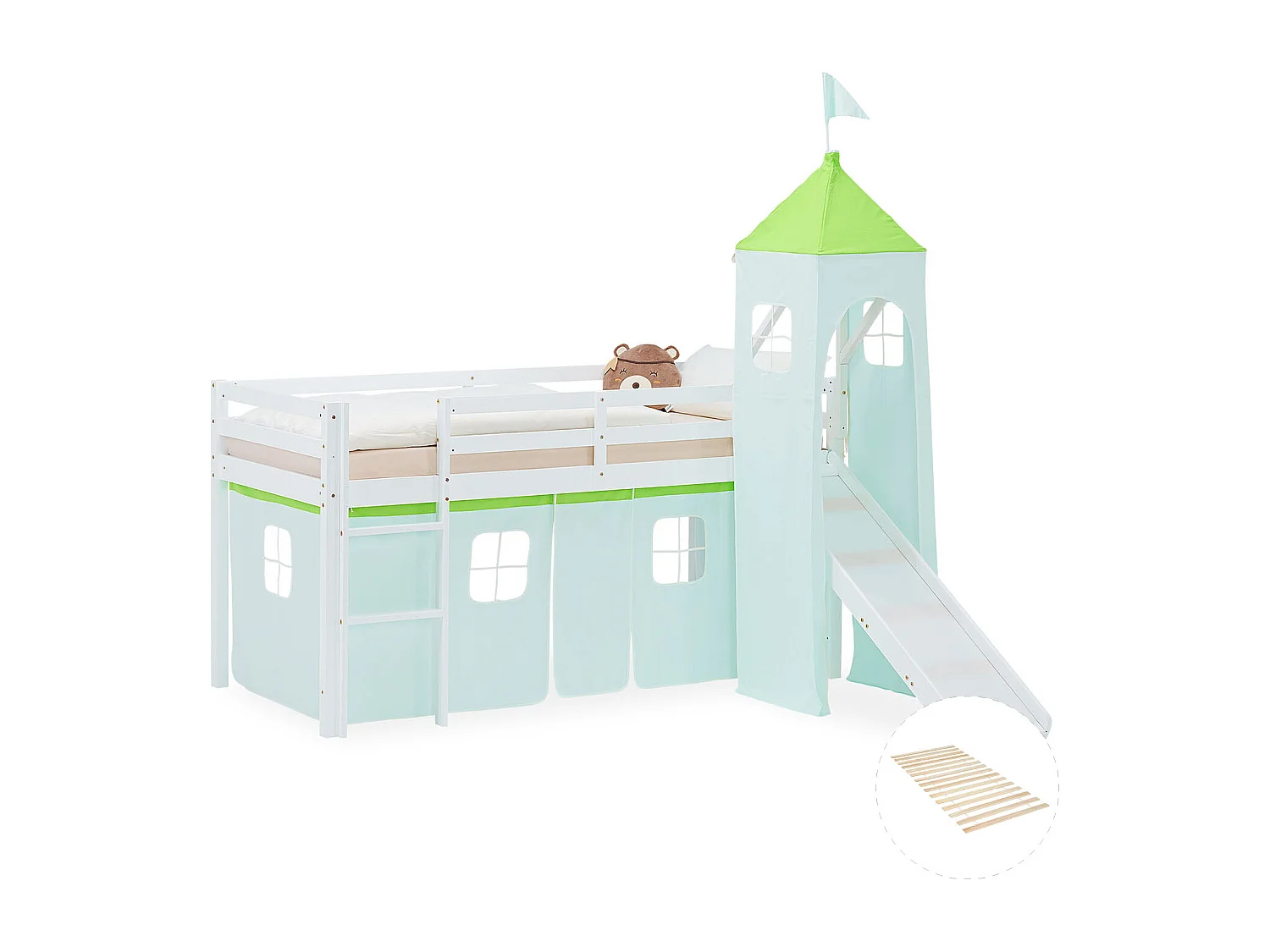 Cama alta para niños 90x200 cm blanca y verde