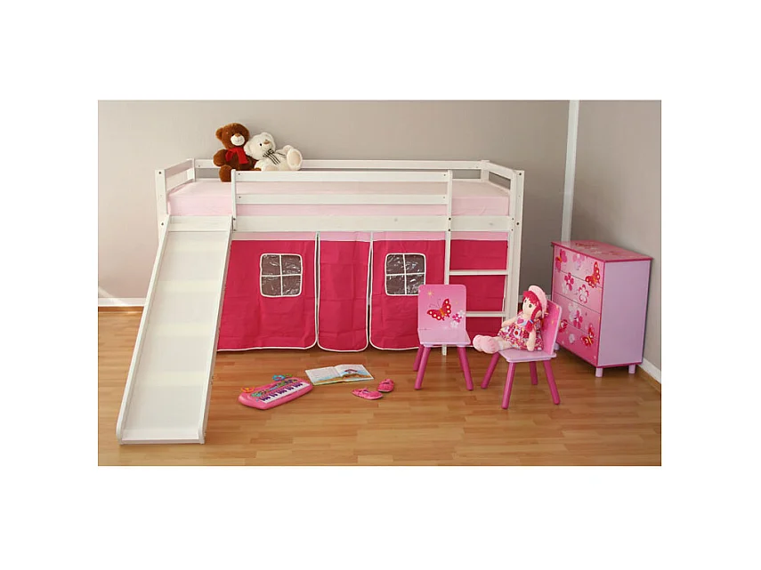 Kinder-Etagenbett 208x110x97 cm Weiß mit rosa Vorhang
