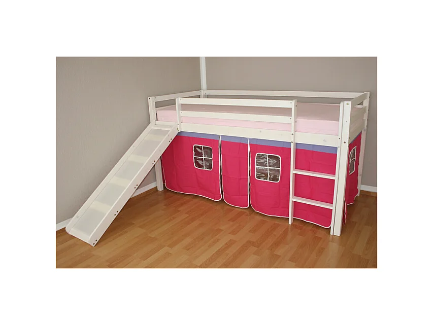 Kinder-Etagenbett 208x110x97 cm Weiß mit rosa Vorhang
