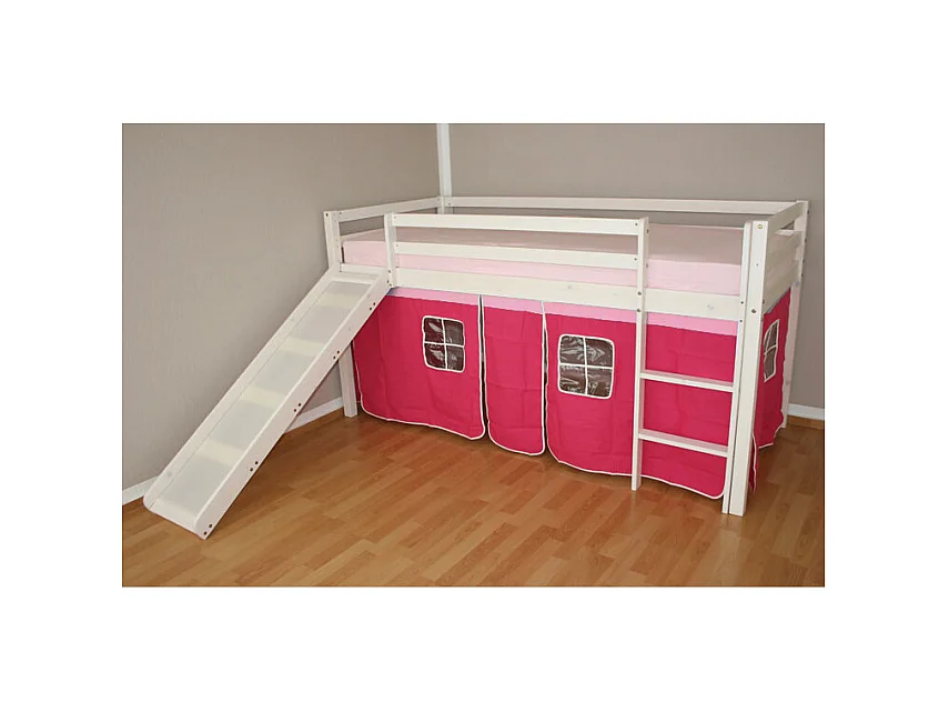 Kinder-Etagenbett 208x110x97 cm Weiß mit rosa Vorhang