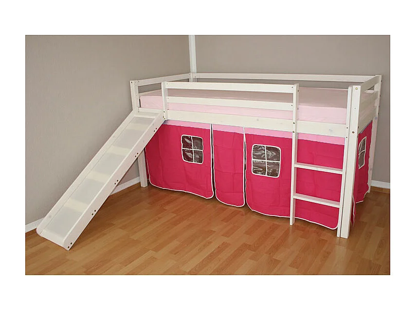 Kinder-Etagenbett 208x110x97 cm Weiß mit rosa Vorhang