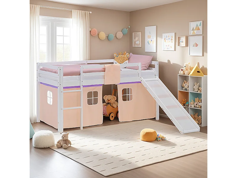 Hochbett für Kinder 90x200 cm weiß mit Vorhang